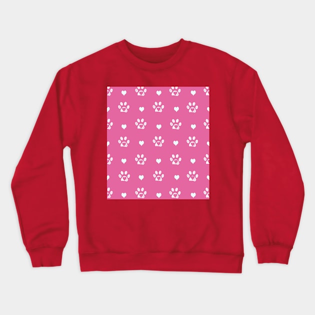 White doodle paw prints with pink hearts and pink background Crewneck Sweatshirt by GULSENGUNEL